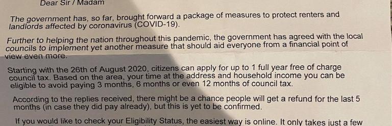 Council alerts residents to council tax scam letter London